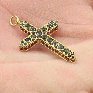 Spectacular 14K Gold Natural Pink Blue Sapphire Corundum Stone Cross Pendant